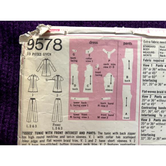 Simplicity 9578 dress top pants pattern 1970s size 14 - Picture 3 of 5